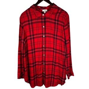 J.Jill Womens 2X Red Plaid‎ Rayon Button Down Long Sleeve Shirt Top